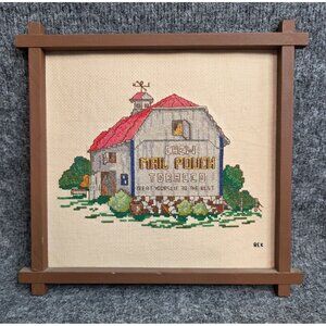 Chew Mail Pouch Tobacco Barn Cross-Stitched Wall Art With Frame Signed BEK Vtg